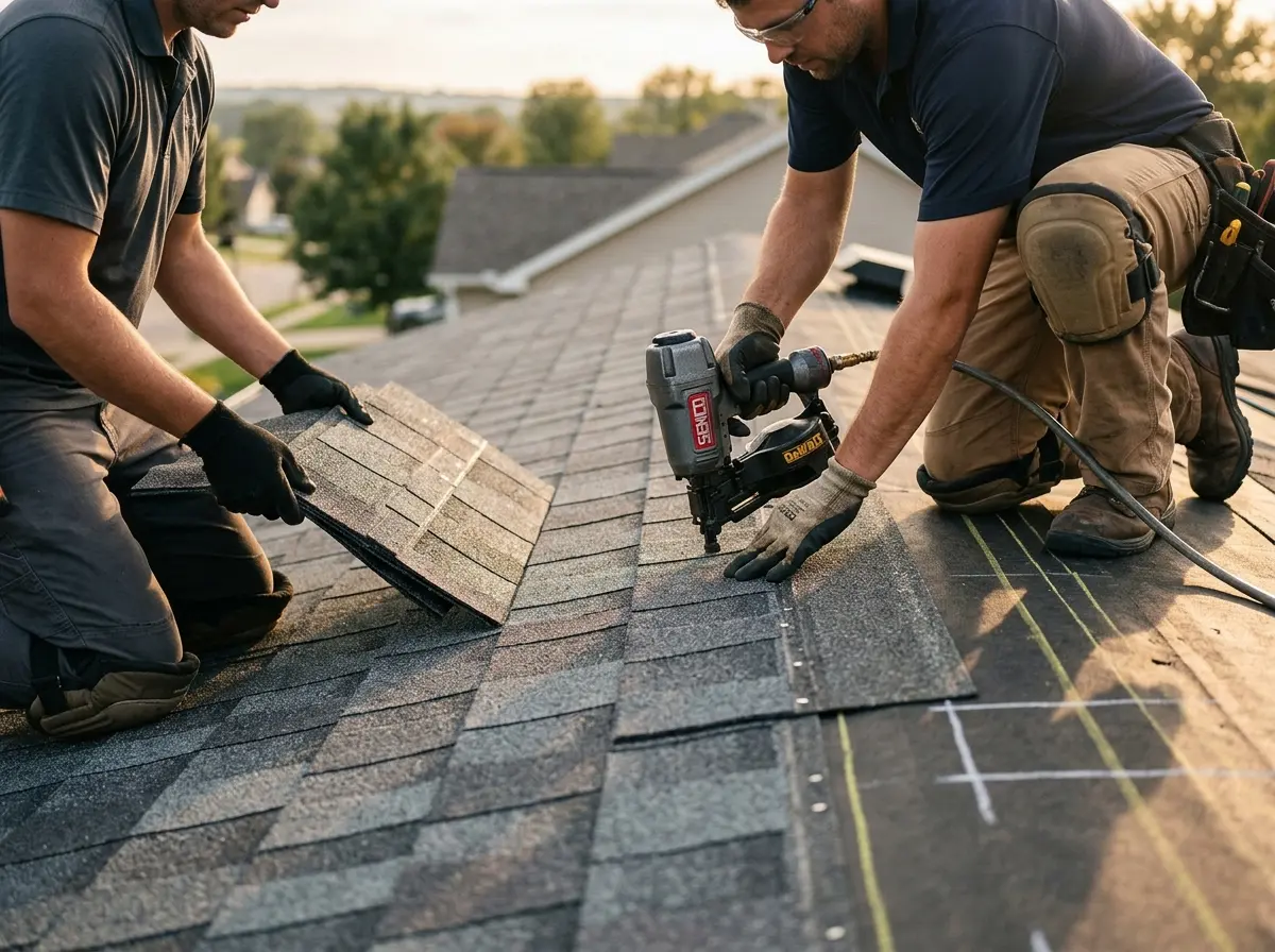 Professional roofer working on a residential roof in Umatilla